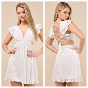 White Ruffled Lace-Up Back V-Neck Mini Dress